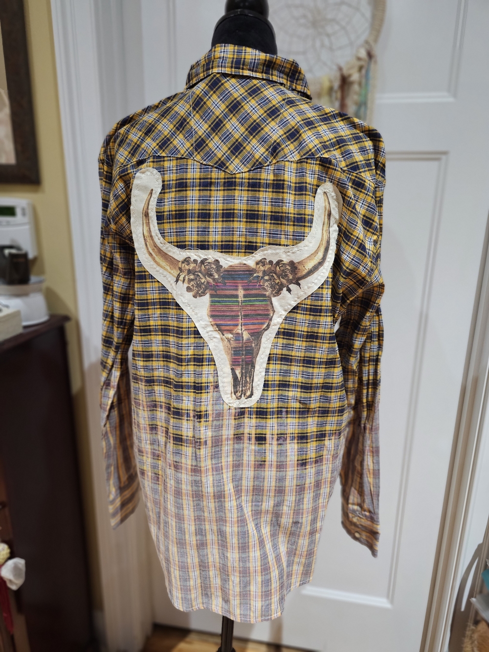 Womens Yellow and Navy Plaid Western Shirt with Steer Skull Patch